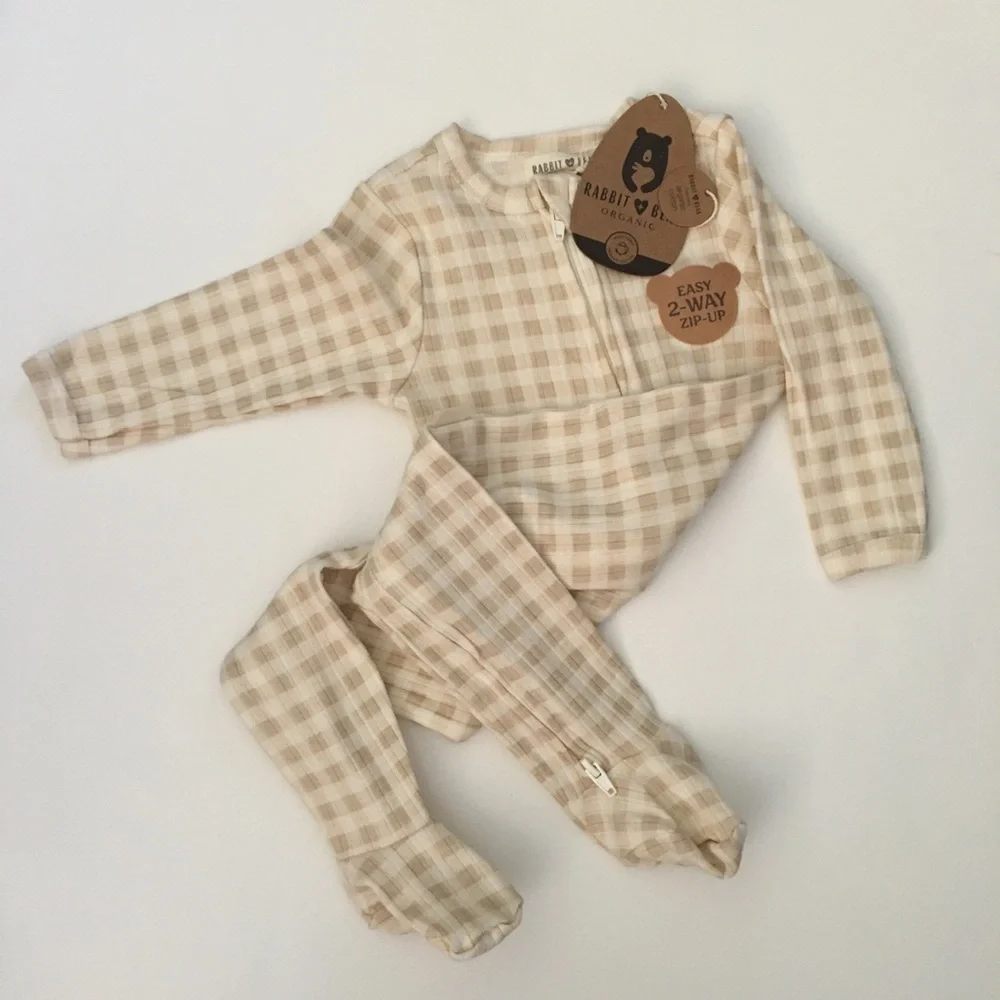 Baby Organic Cotton Gingham Zip-Up Footed Sleeper & Lovey Giraffe Soft Toy 6/9M